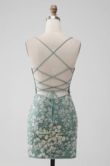 Grey Green Bodycon Lace-up Back Short Cocktail Dress with Sequin Appliqued